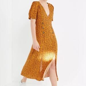 Urban Outfitters Floral Front Slit Midi Dress XS Mustard Boho Romantic Fall